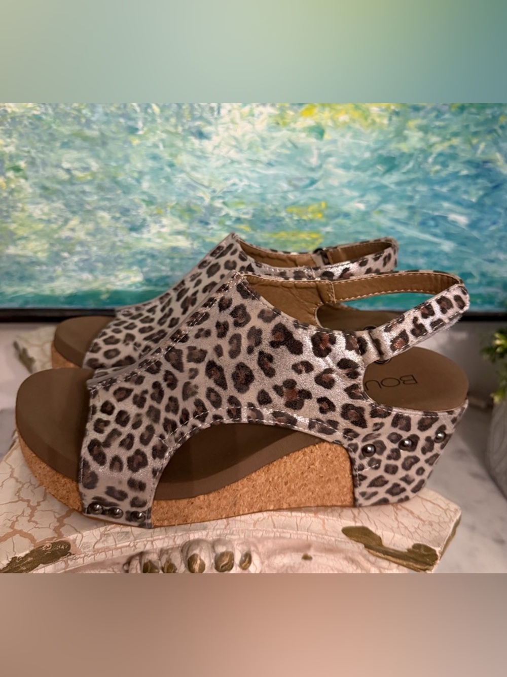 Corkys Carly Metallic Leopard Print Cork Wedge Sandals - Brown/Tan/Black - Picture 5 of 7